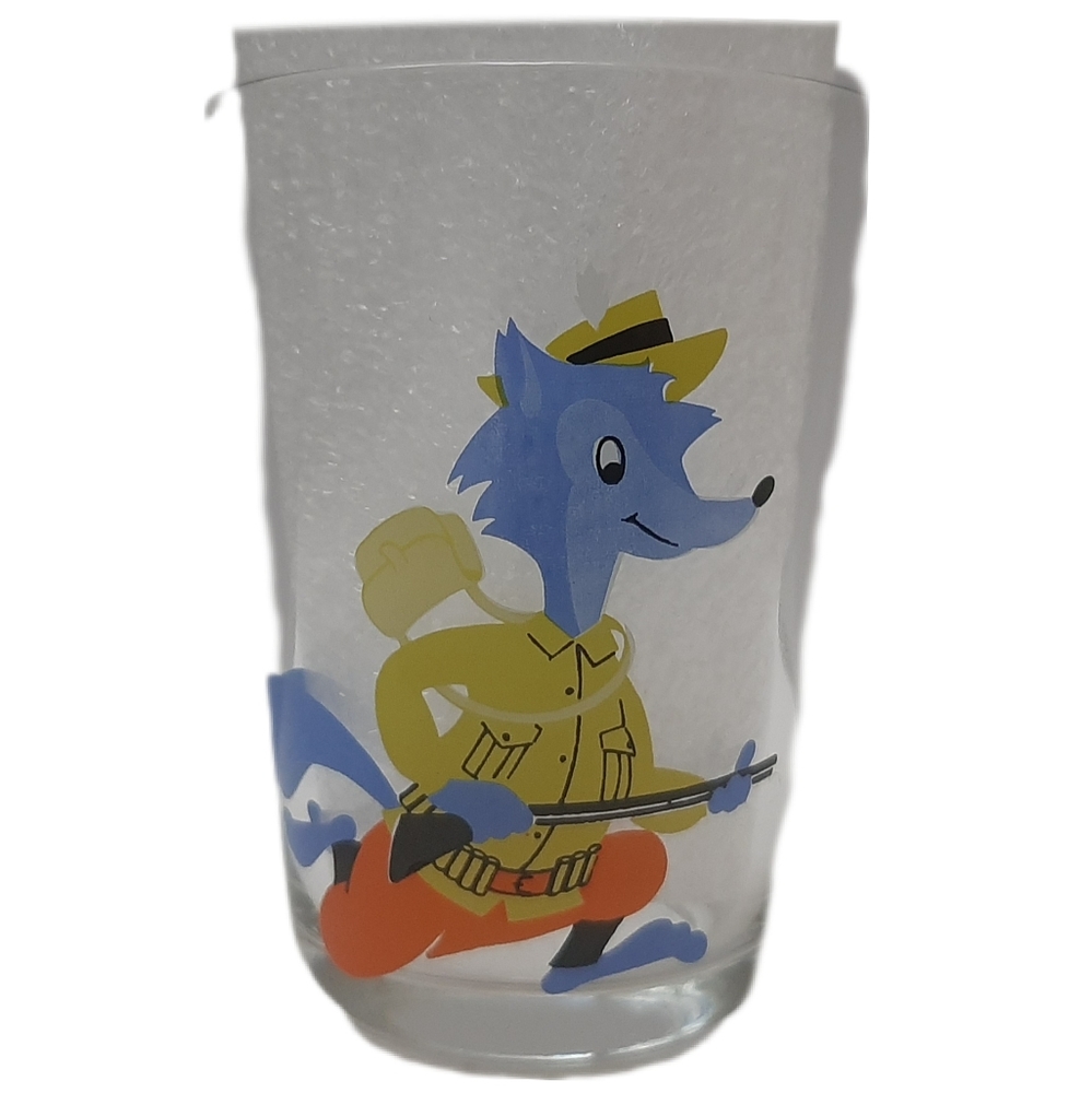 🍒 Vintage Cartoon Running Blue Wolf France Drinking Glass Kids